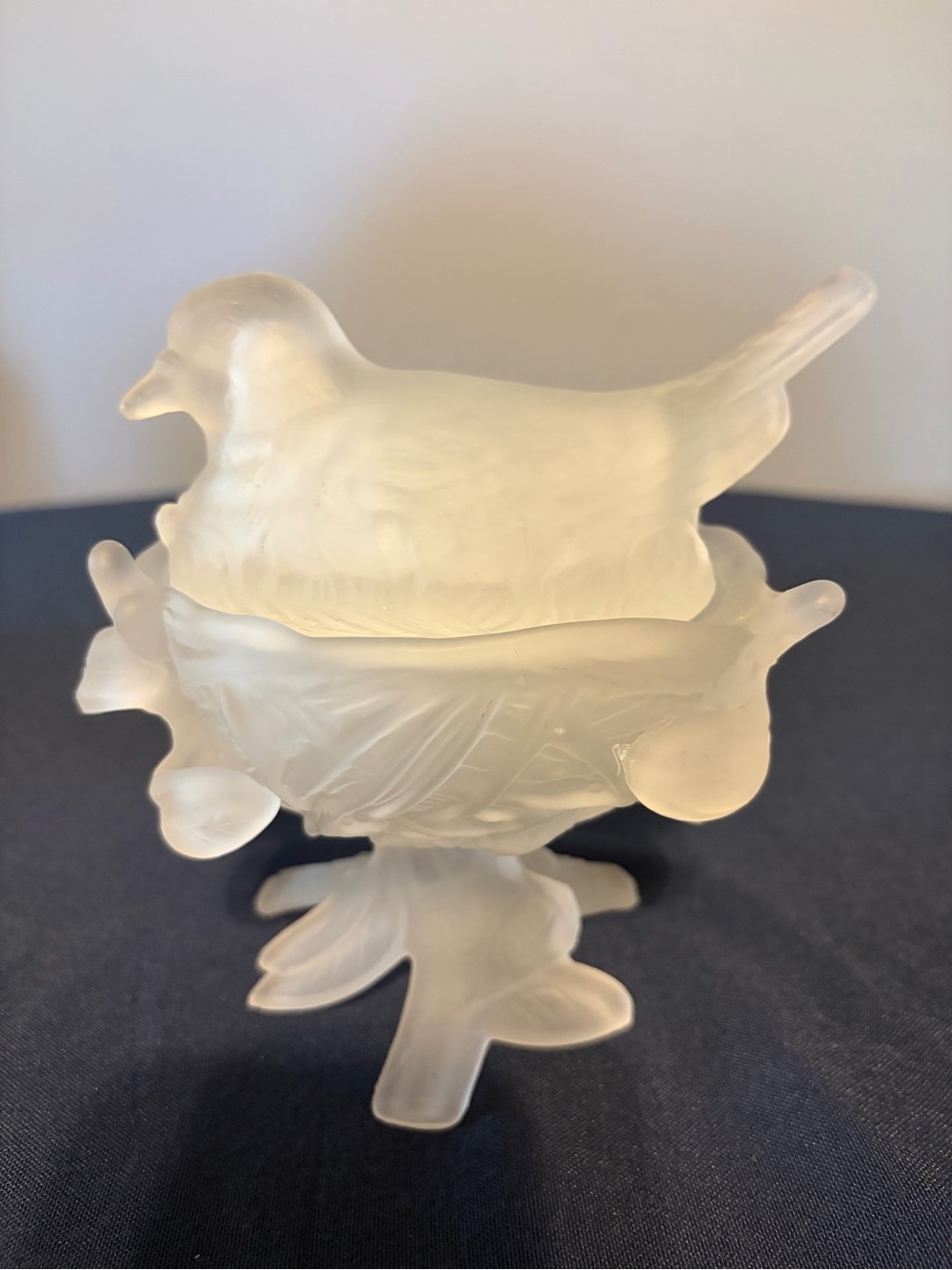 Westmorland Glass Nesting Robin on Nest White Satin Glass Candy/Trinket Dish.